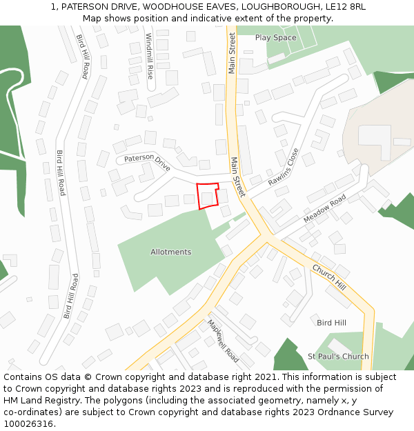 1, PATERSON DRIVE, WOODHOUSE EAVES, LOUGHBOROUGH, LE12 8RL: Location map and indicative extent of plot