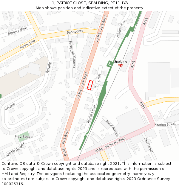 1, PATRIOT CLOSE, SPALDING, PE11 1YA: Location map and indicative extent of plot