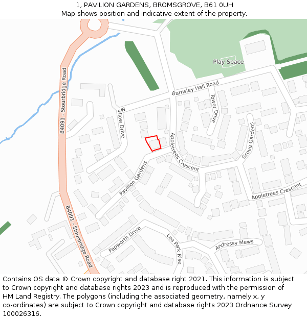 1, PAVILION GARDENS, BROMSGROVE, B61 0UH: Location map and indicative extent of plot