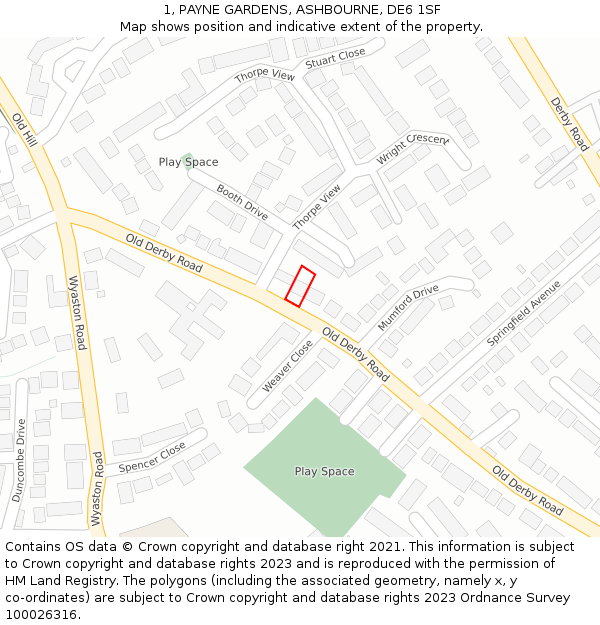 1, PAYNE GARDENS, ASHBOURNE, DE6 1SF: Location map and indicative extent of plot