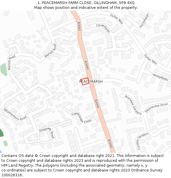 1, PEACEMARSH FARM CLOSE, GILLINGHAM, SP8 4XQ: Location map and indicative extent of plot