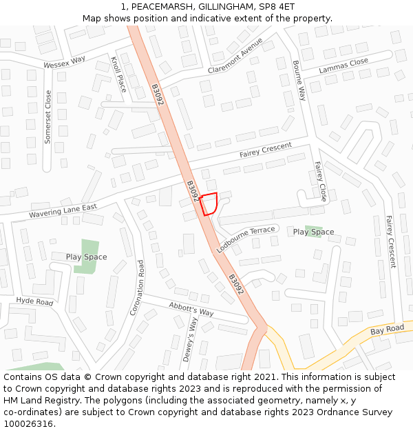 1, PEACEMARSH, GILLINGHAM, SP8 4ET: Location map and indicative extent of plot