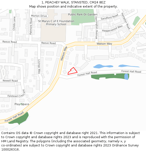 1, PEACHEY WALK, STANSTED, CM24 8EZ: Location map and indicative extent of plot