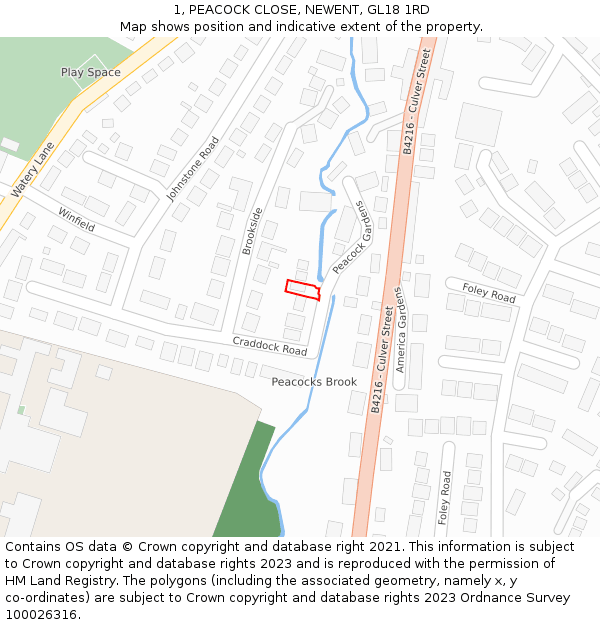 1, PEACOCK CLOSE, NEWENT, GL18 1RD: Location map and indicative extent of plot