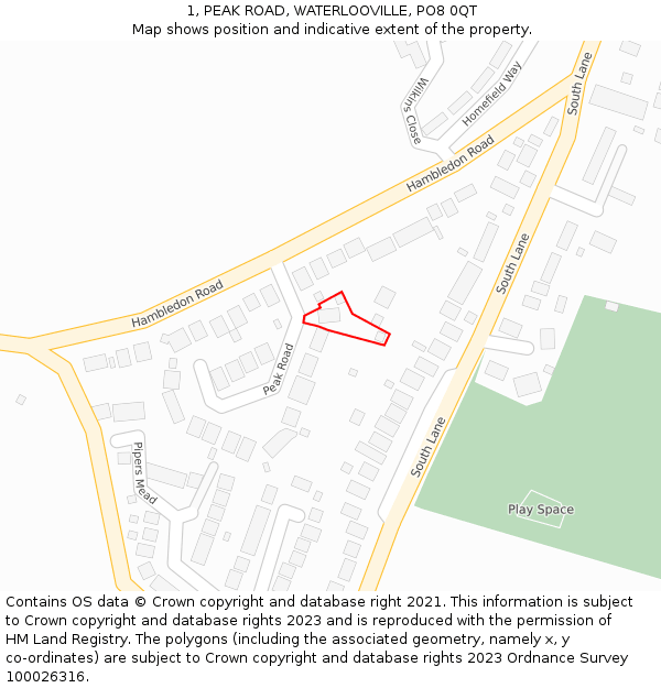 1, PEAK ROAD, WATERLOOVILLE, PO8 0QT: Location map and indicative extent of plot