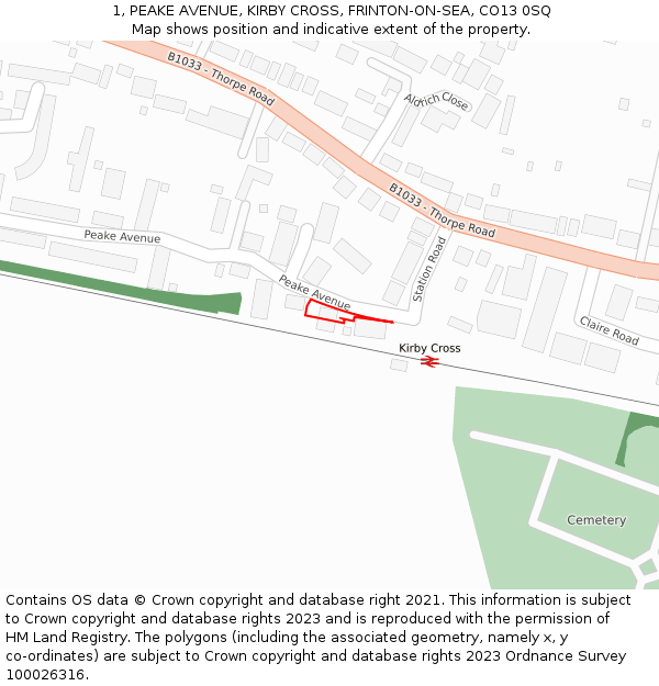 1, PEAKE AVENUE, KIRBY CROSS, FRINTON-ON-SEA, CO13 0SQ: Location map and indicative extent of plot