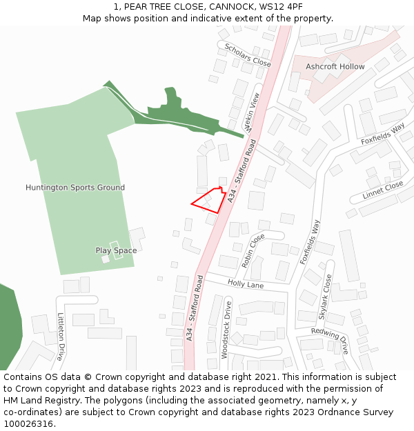 1, PEAR TREE CLOSE, CANNOCK, WS12 4PF: Location map and indicative extent of plot
