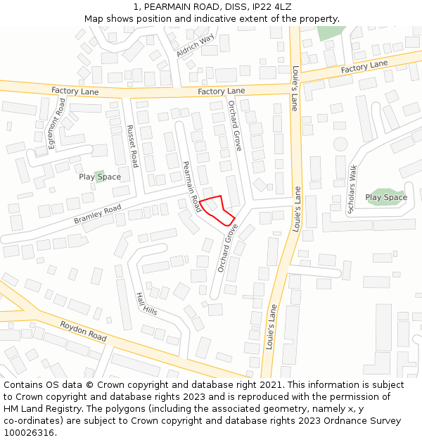 1, PEARMAIN ROAD, DISS, IP22 4LZ: Location map and indicative extent of plot