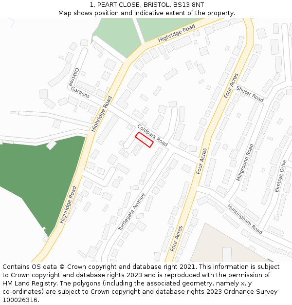 1, PEART CLOSE, BRISTOL, BS13 8NT: Location map and indicative extent of plot