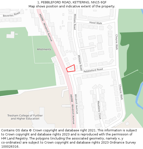 1, PEBBLEFORD ROAD, KETTERING, NN15 6QF: Location map and indicative extent of plot