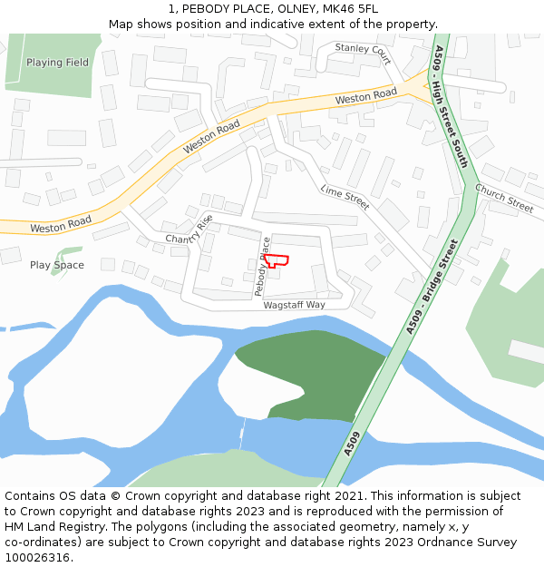 1, PEBODY PLACE, OLNEY, MK46 5FL: Location map and indicative extent of plot