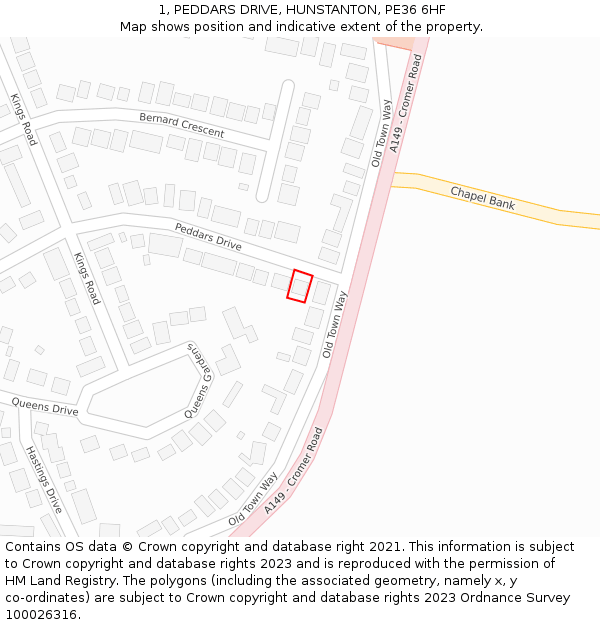 1, PEDDARS DRIVE, HUNSTANTON, PE36 6HF: Location map and indicative extent of plot