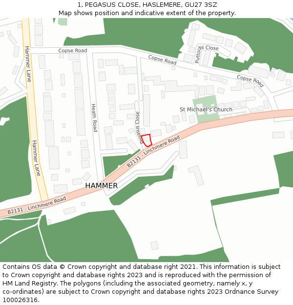 1, PEGASUS CLOSE, HASLEMERE, GU27 3SZ: Location map and indicative extent of plot