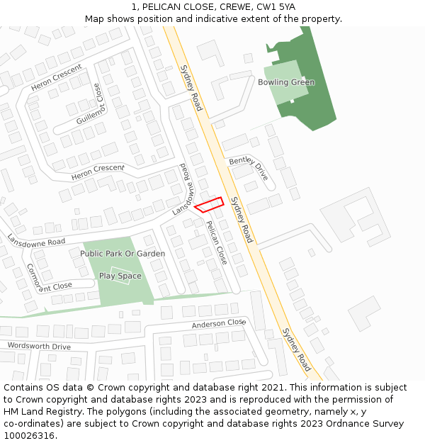 1, PELICAN CLOSE, CREWE, CW1 5YA: Location map and indicative extent of plot