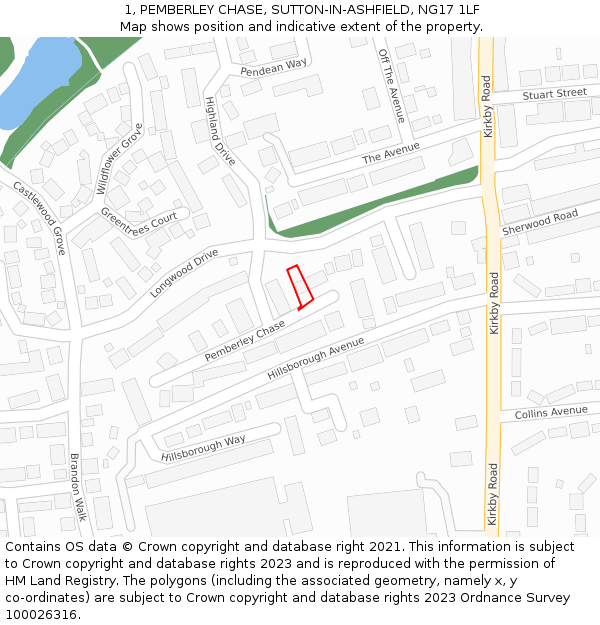 1, PEMBERLEY CHASE, SUTTON-IN-ASHFIELD, NG17 1LF: Location map and indicative extent of plot