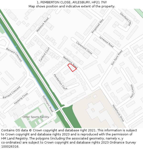 1, PEMBERTON CLOSE, AYLESBURY, HP21 7NY: Location map and indicative extent of plot