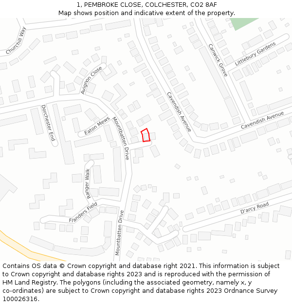 1, PEMBROKE CLOSE, COLCHESTER, CO2 8AF: Location map and indicative extent of plot