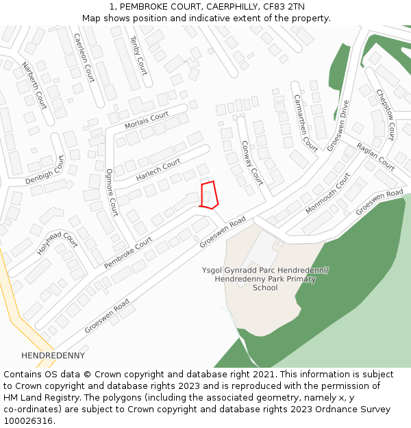 1, PEMBROKE COURT, CAERPHILLY, CF83 2TN: Location map and indicative extent of plot