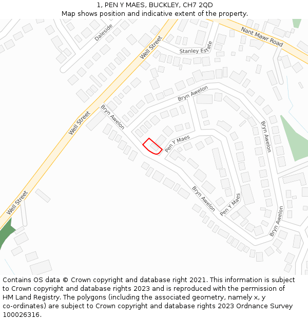 1, PEN Y MAES, BUCKLEY, CH7 2QD: Location map and indicative extent of plot