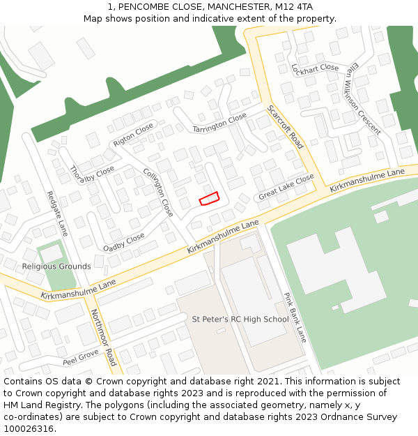 1, PENCOMBE CLOSE, MANCHESTER, M12 4TA: Location map and indicative extent of plot