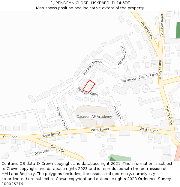 1, PENDEAN CLOSE, LISKEARD, PL14 6DE: Location map and indicative extent of plot