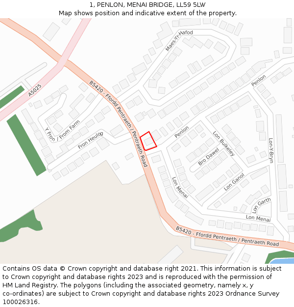 1, PENLON, MENAI BRIDGE, LL59 5LW: Location map and indicative extent of plot