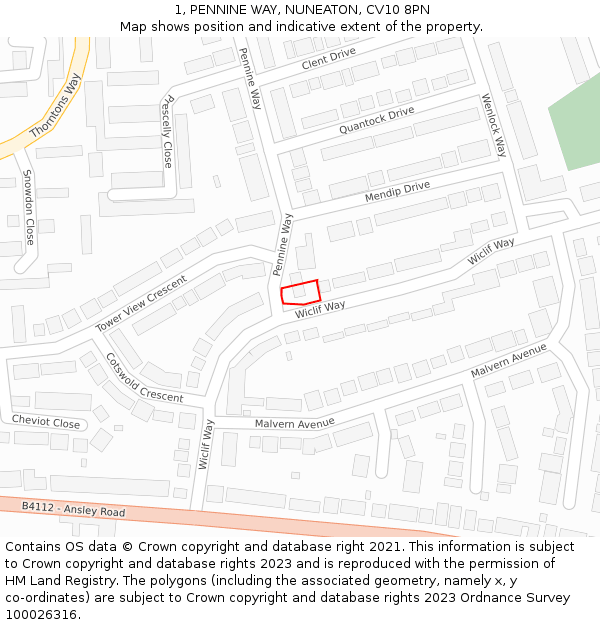 1, PENNINE WAY, NUNEATON, CV10 8PN: Location map and indicative extent of plot