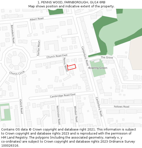 1, PENNS WOOD, FARNBOROUGH, GU14 6RB: Location map and indicative extent of plot