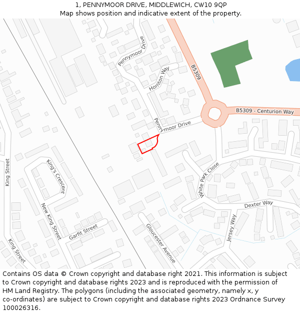 1, PENNYMOOR DRIVE, MIDDLEWICH, CW10 9QP: Location map and indicative extent of plot