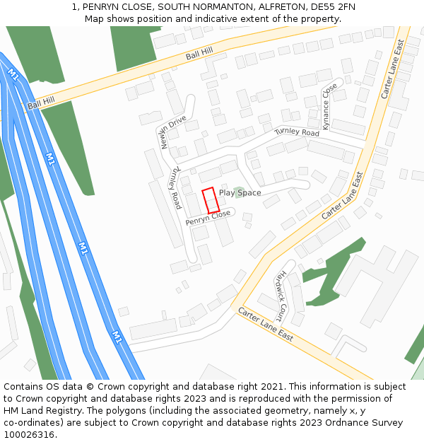 1, PENRYN CLOSE, SOUTH NORMANTON, ALFRETON, DE55 2FN: Location map and indicative extent of plot