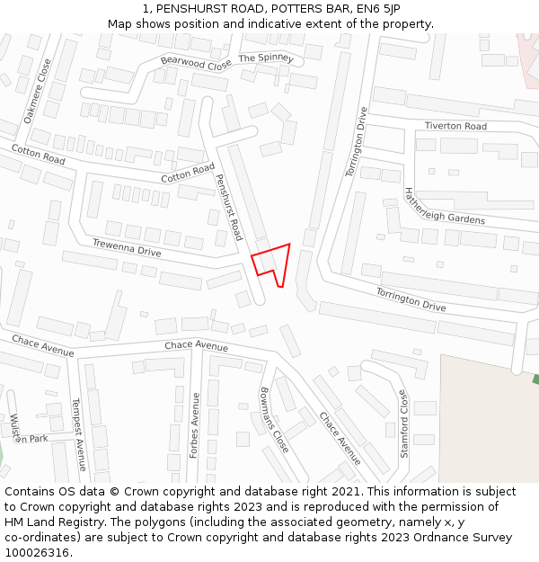 1, PENSHURST ROAD, POTTERS BAR, EN6 5JP: Location map and indicative extent of plot