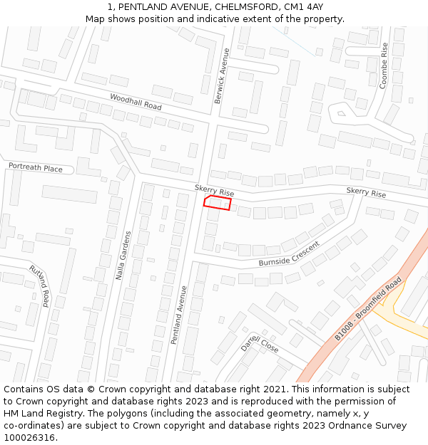 1, PENTLAND AVENUE, CHELMSFORD, CM1 4AY: Location map and indicative extent of plot