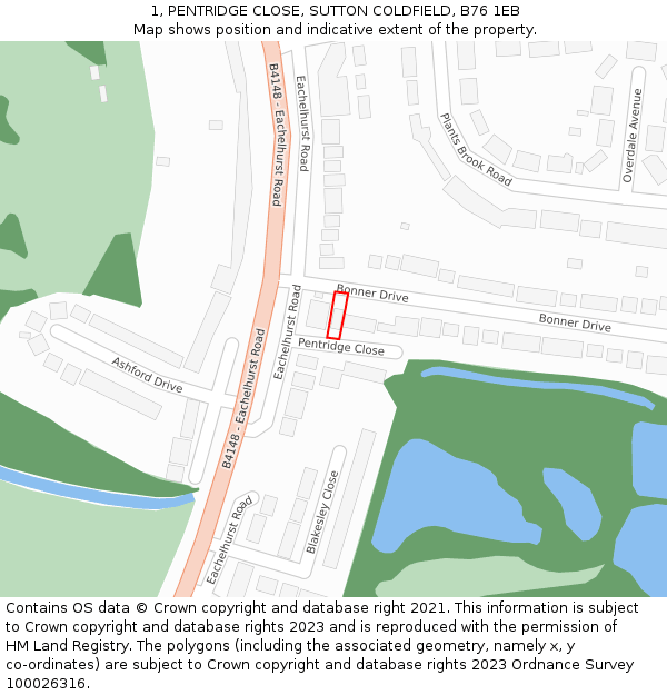 1, PENTRIDGE CLOSE, SUTTON COLDFIELD, B76 1EB: Location map and indicative extent of plot