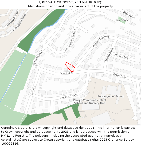 1, PENVALE CRESCENT, PENRYN, TR10 8QZ: Location map and indicative extent of plot