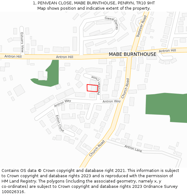 1, PENVEAN CLOSE, MABE BURNTHOUSE, PENRYN, TR10 9HT: Location map and indicative extent of plot