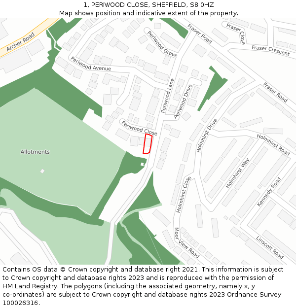 1, PERIWOOD CLOSE, SHEFFIELD, S8 0HZ: Location map and indicative extent of plot