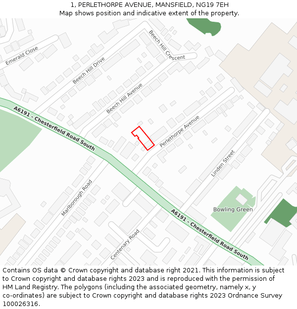 1, PERLETHORPE AVENUE, MANSFIELD, NG19 7EH: Location map and indicative extent of plot