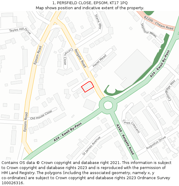 1, PERSFIELD CLOSE, EPSOM, KT17 1PQ: Location map and indicative extent of plot