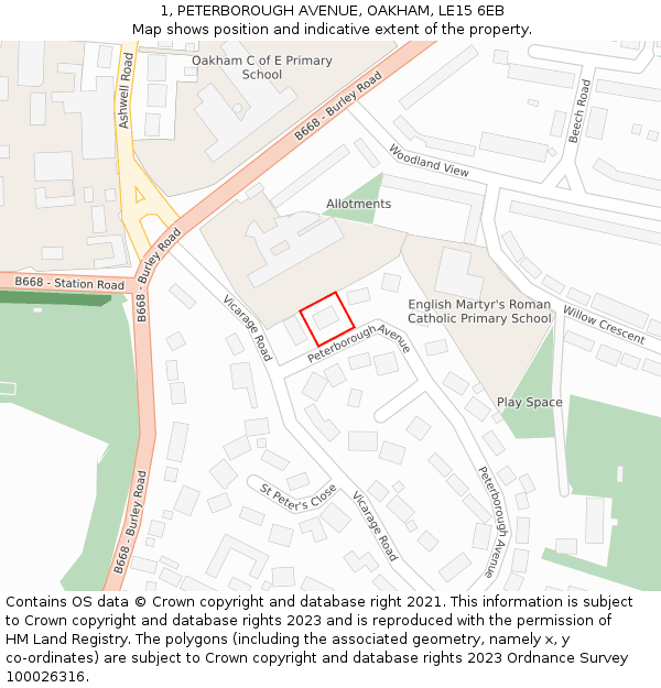 1, PETERBOROUGH AVENUE, OAKHAM, LE15 6EB: Location map and indicative extent of plot