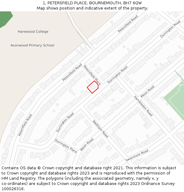 1, PETERSFIELD PLACE, BOURNEMOUTH, BH7 6QW: Location map and indicative extent of plot