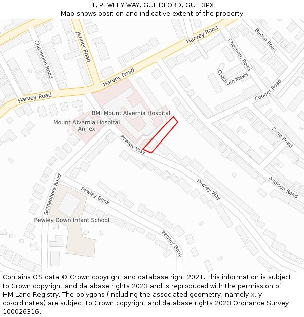 1, PEWLEY WAY, GUILDFORD, GU1 3PX: Location map and indicative extent of plot