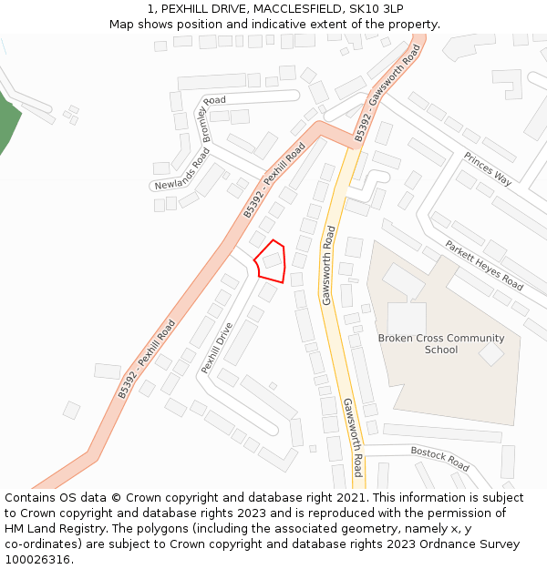 1, PEXHILL DRIVE, MACCLESFIELD, SK10 3LP: Location map and indicative extent of plot