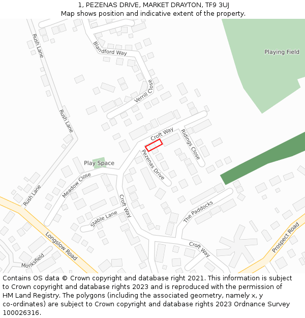 1, PEZENAS DRIVE, MARKET DRAYTON, TF9 3UJ: Location map and indicative extent of plot