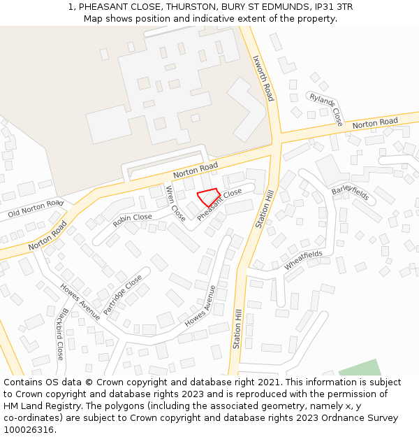 1, PHEASANT CLOSE, THURSTON, BURY ST EDMUNDS, IP31 3TR: Location map and indicative extent of plot