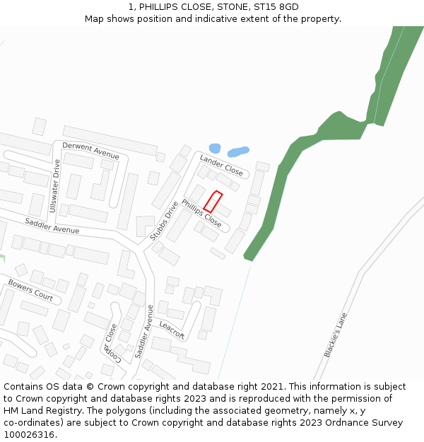 1, PHILLIPS CLOSE, STONE, ST15 8GD: Location map and indicative extent of plot