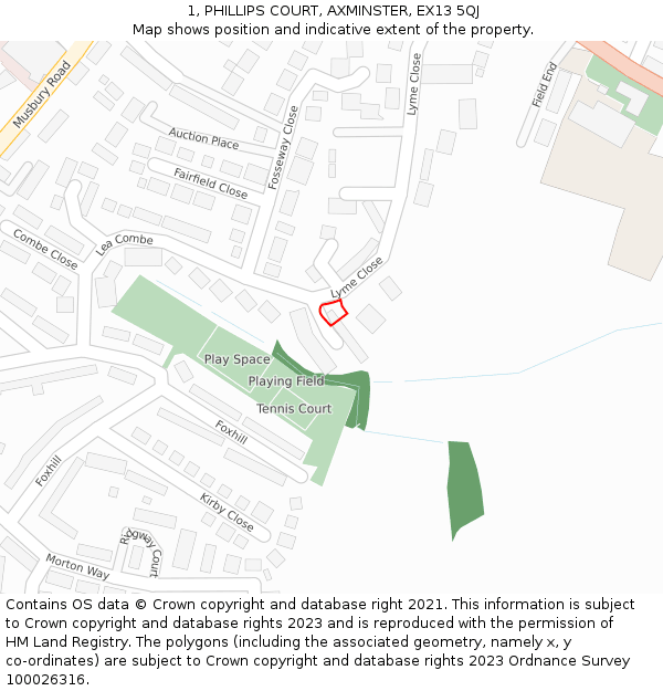 1, PHILLIPS COURT, AXMINSTER, EX13 5QJ: Location map and indicative extent of plot