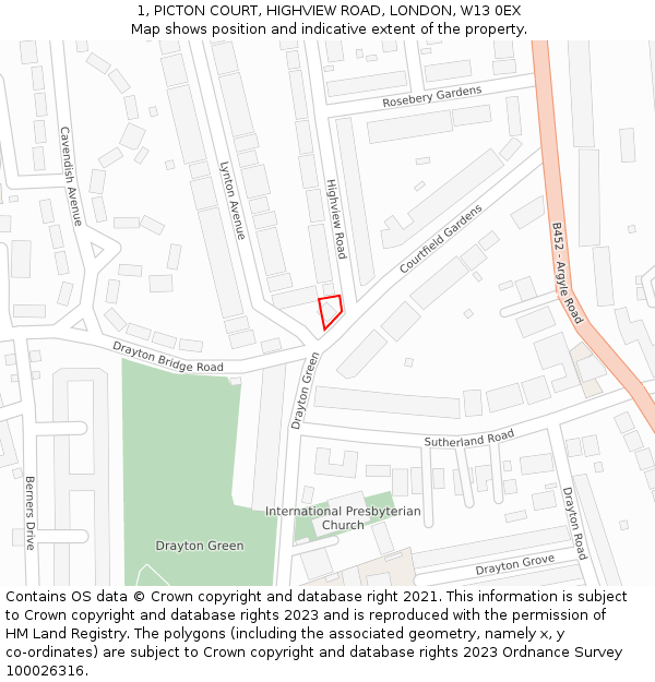 1, PICTON COURT, HIGHVIEW ROAD, LONDON, W13 0EX: Location map and indicative extent of plot