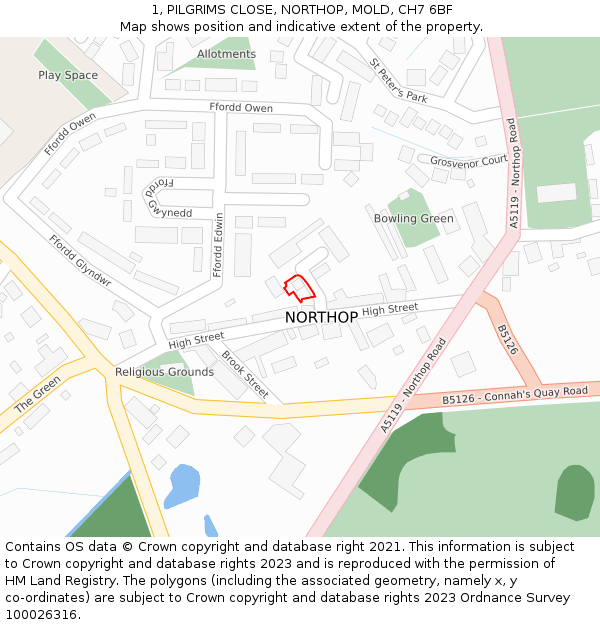 1, PILGRIMS CLOSE, NORTHOP, MOLD, CH7 6BF: Location map and indicative extent of plot