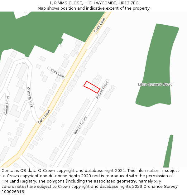 1, PIMMS CLOSE, HIGH WYCOMBE, HP13 7EG: Location map and indicative extent of plot