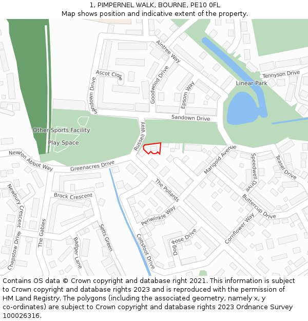 1, PIMPERNEL WALK, BOURNE, PE10 0FL: Location map and indicative extent of plot